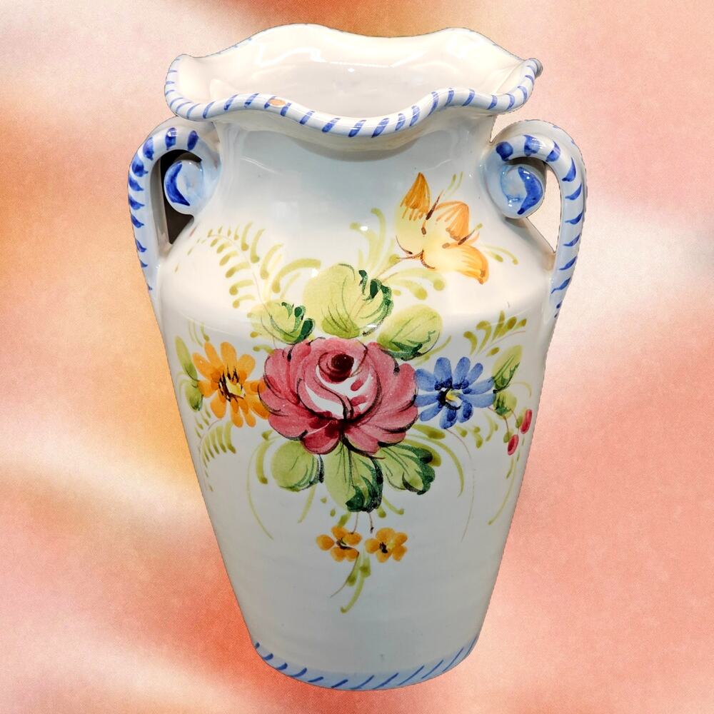 Vintage Italian Majolica Earthenware Vase - Hand Painted & Numbered Italy 7"